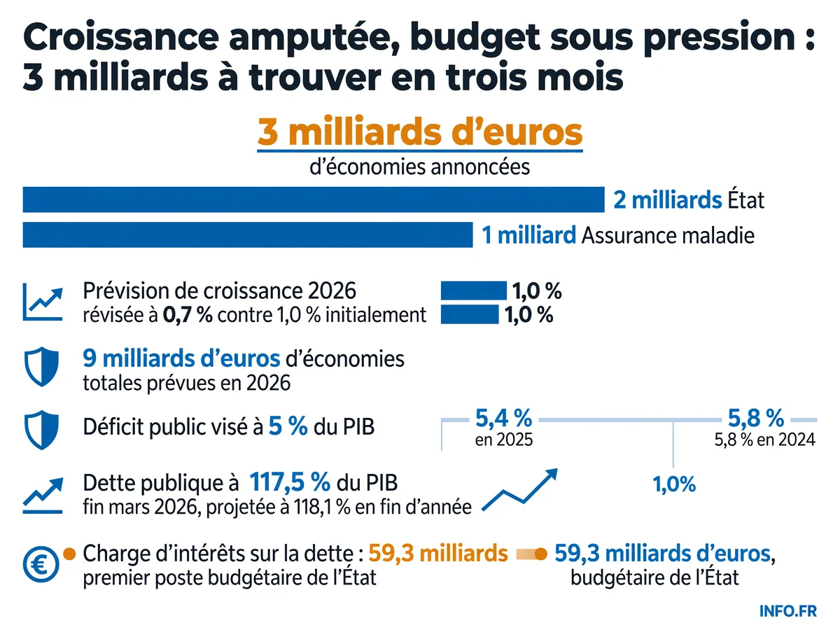 Infographie présentant la révision de croissance 2026 à 0,7 %, le plan d'économies de 3 milliards d'euros et l'évolution du déficit et de la dette publique française.