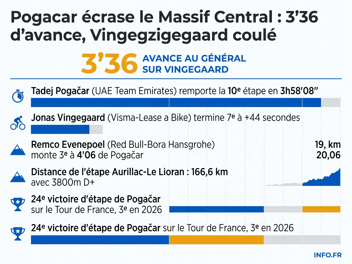 Tadej Pogacar remporte en solitaire la 10e étape du Tour de France 2026 au Lioran et creuse un écart de 3'36 sur Jonas Vingegaard au classement général