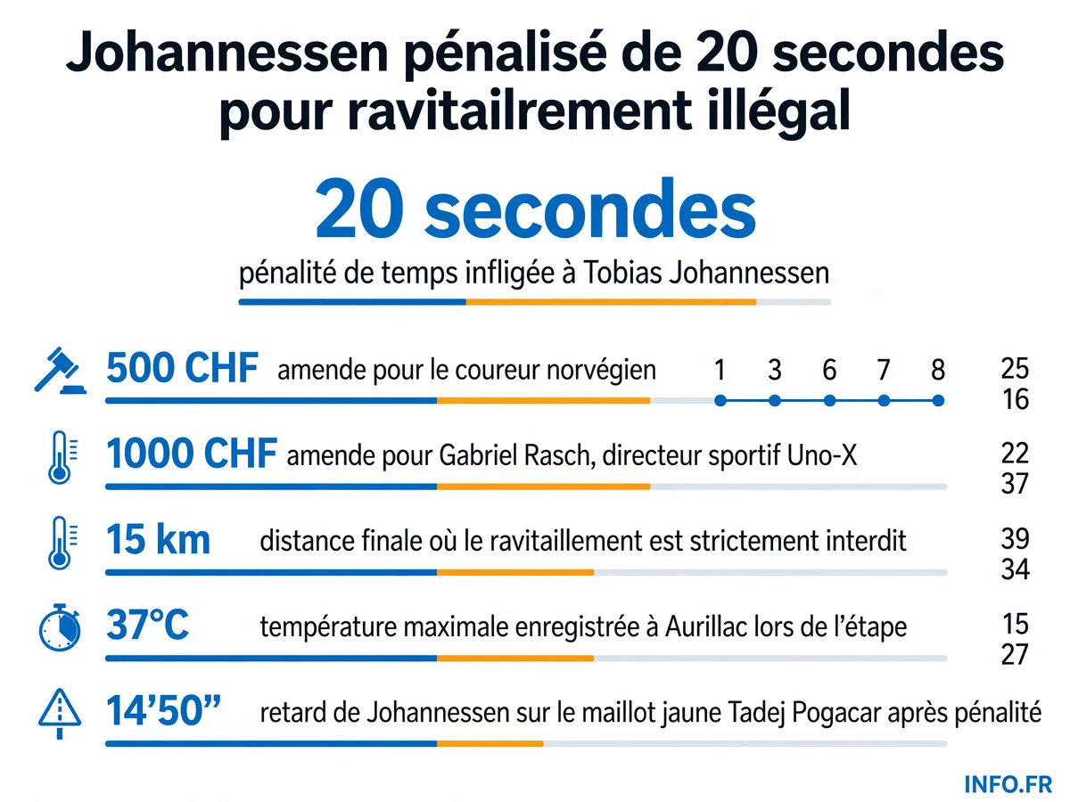 Sanctions et chiffres clés de la pénalité infligée à Tobias Johannessen lors de l'étape 10 du Tour de France 2026 pour ravitaillement non autorisé.