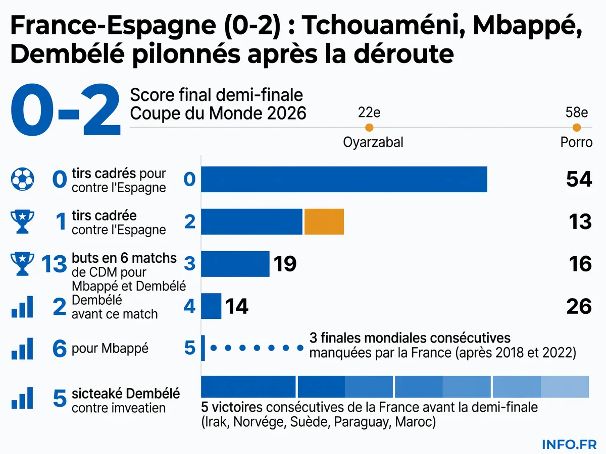 Statistiques de la défaite française face à l'Espagne en demi-finale de Coupe du Monde 2026: score final 0-2, buteurs espagnols, performances offensives des Bleus