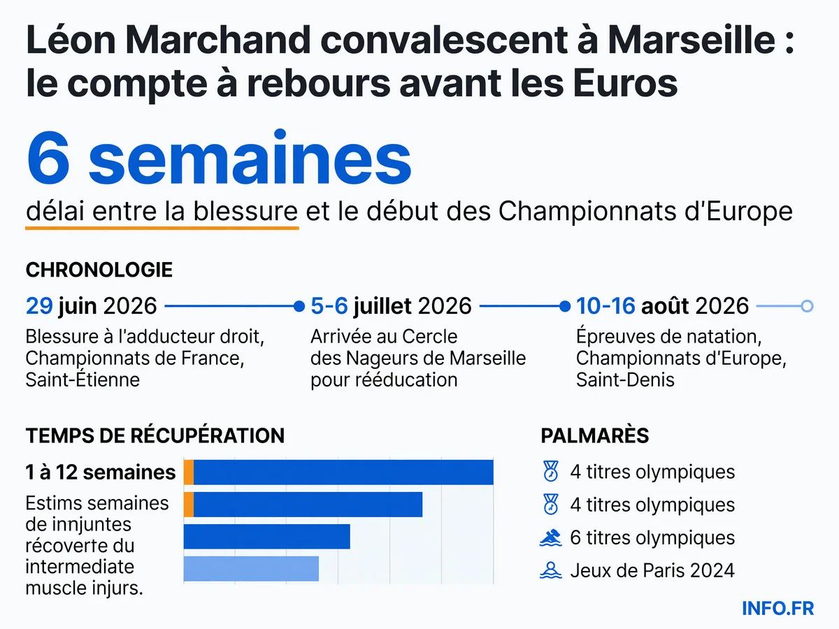 Chronologie de la blessure et de la rééducation de Léon Marchand entre les championnats de France de Saint-Étienne (29 juin) et les Championnats d'Europe de Saint-Denis (10-16 août 2026).