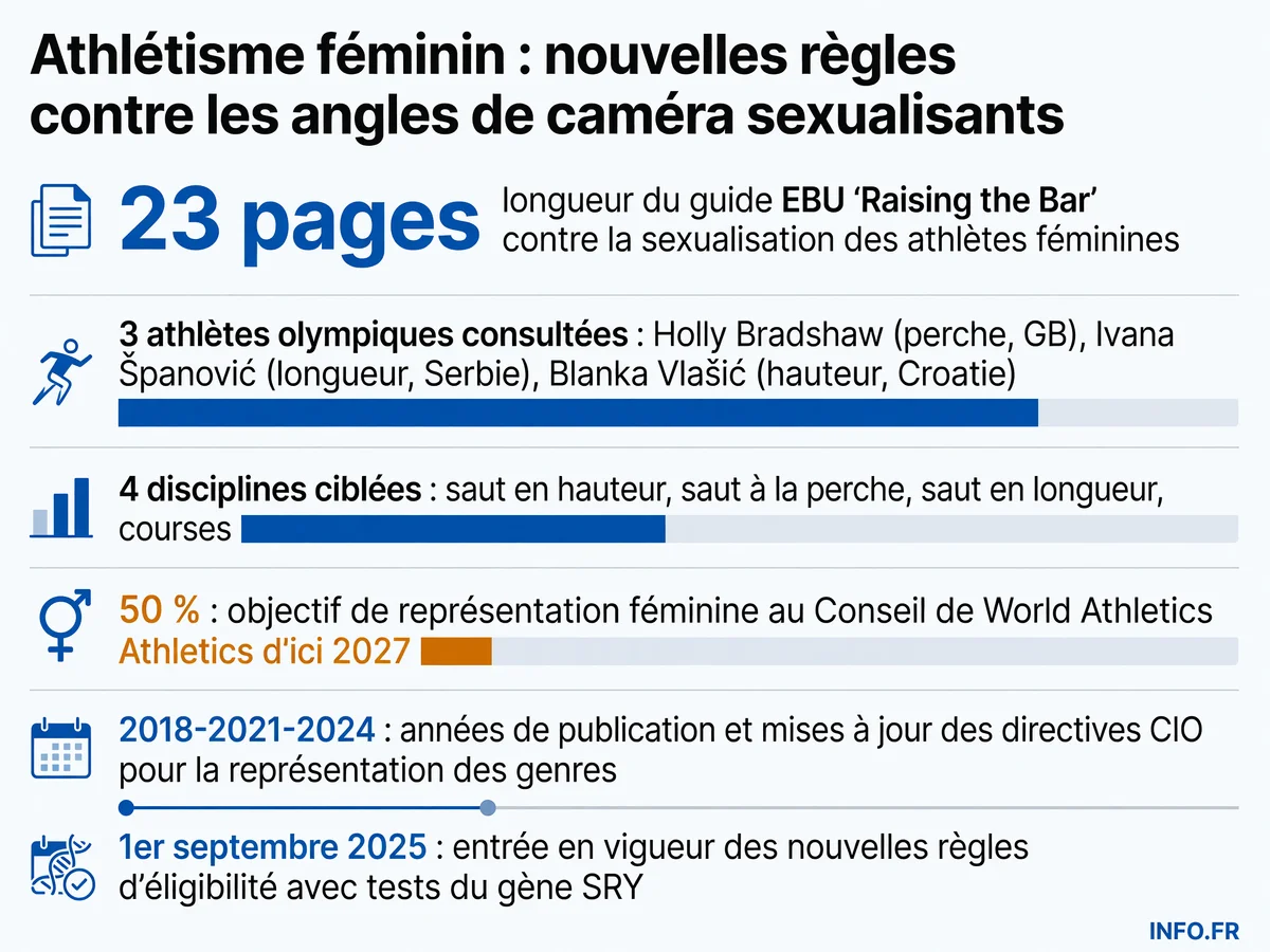 Chronologie et chiffres clés des nouvelles directives contre la sexualisation des athlètes féminines en Europe, juin 2026.