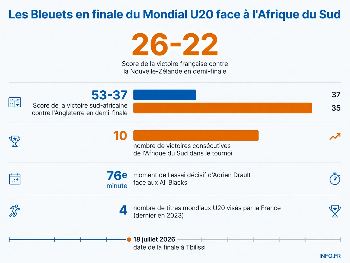 Statistiques clés de la finale du Championnat du Monde U20 de rugby entre France et Afrique du Sud à Tbilissi le 18 juillet 2026