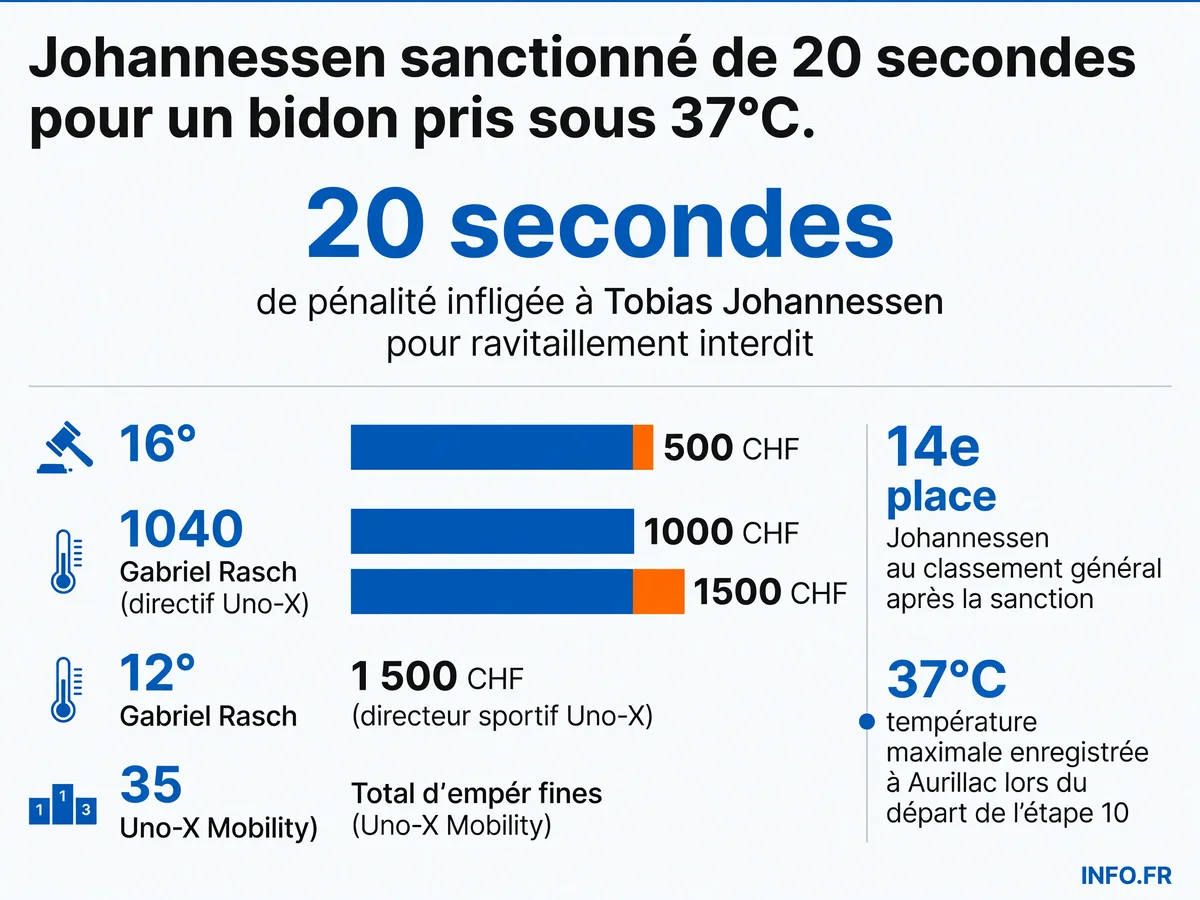 Sanctions infligées à Tobias Johannessen et son équipe Uno-X lors de l'étape 10 du Tour de France 2026 au Lioran pour ravitaillement non autorisé sous forte chaleur.