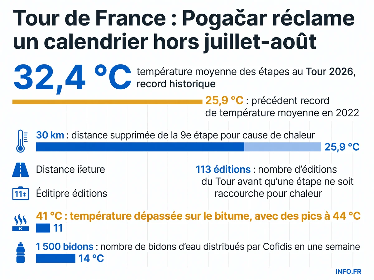 Infographie présentant les records de chaleur au Tour de France 2026 et le raccourcissement historique de la 9e étape