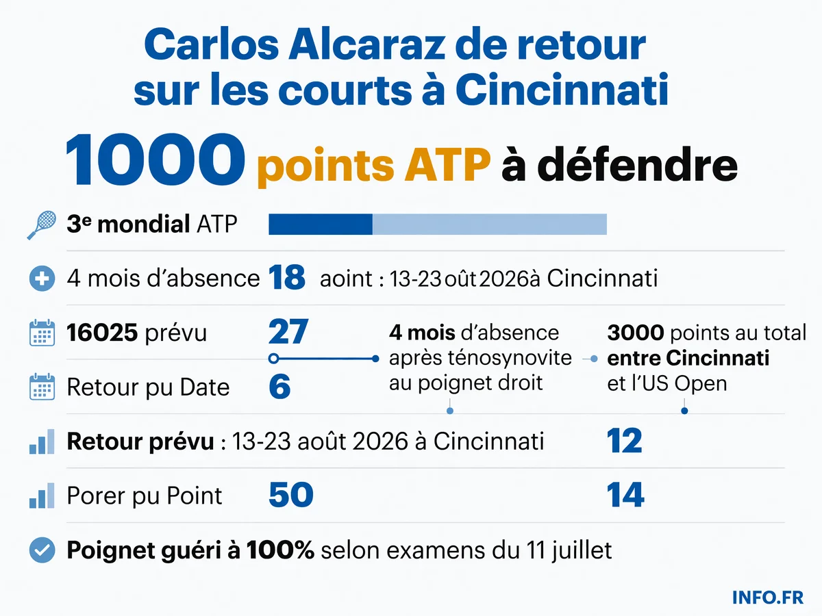 Calendrier du retour de Carlos Alcaraz à la compétition après quatre mois d'absence pour blessure au poignet