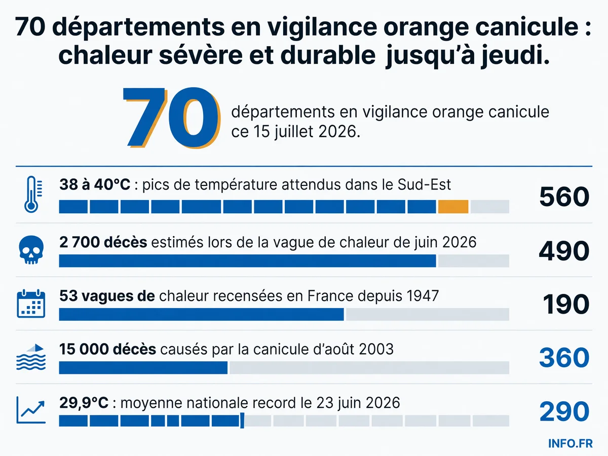 Carte des départements français en vigilance orange canicule le 15 juillet 2026 avec indication des températures maximales attendues dans le Sud-Est.