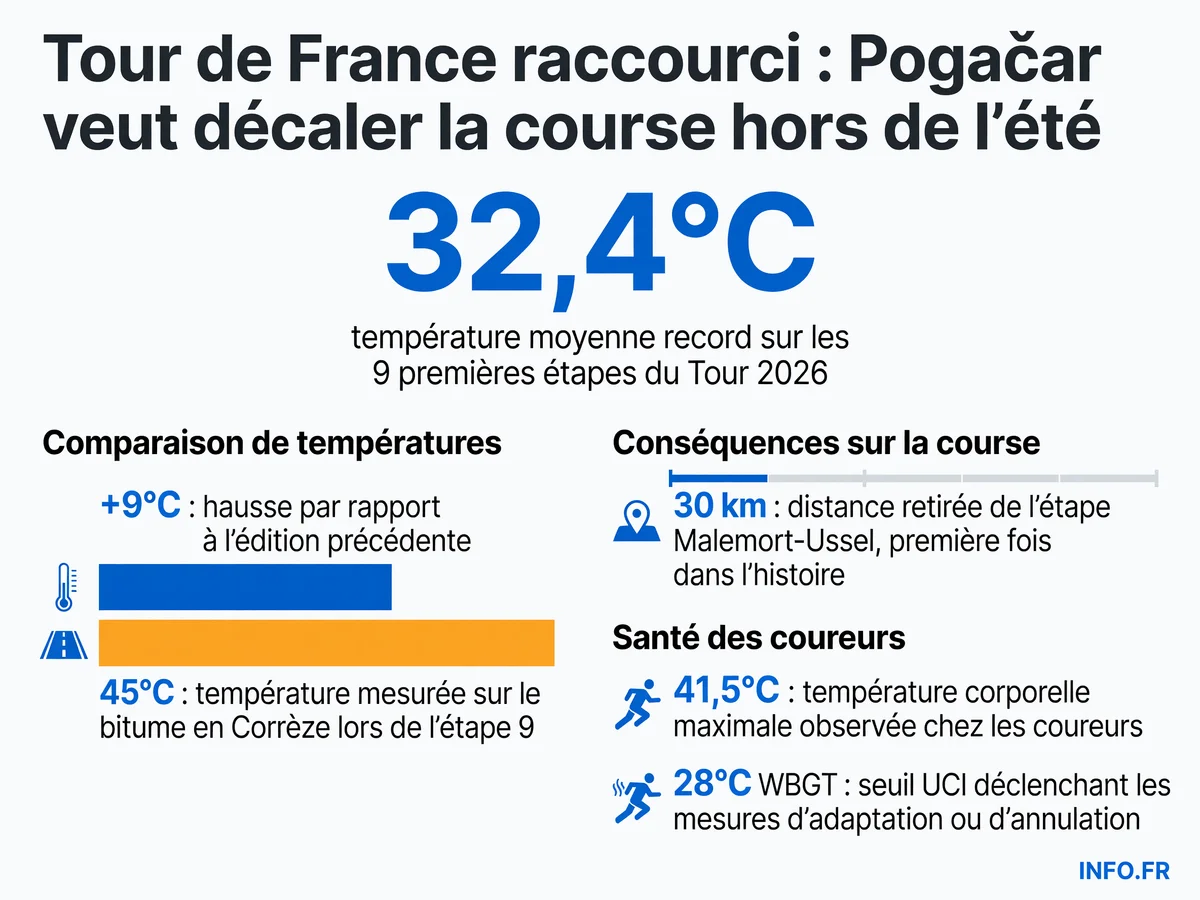 Températures record du Tour de France 2026: 32,4°C de moyenne sur les 9 premières étapes, une étape raccourcie de 30 km pour la première fois, et des coureurs atteignant 41,5°C de température corporelle.
