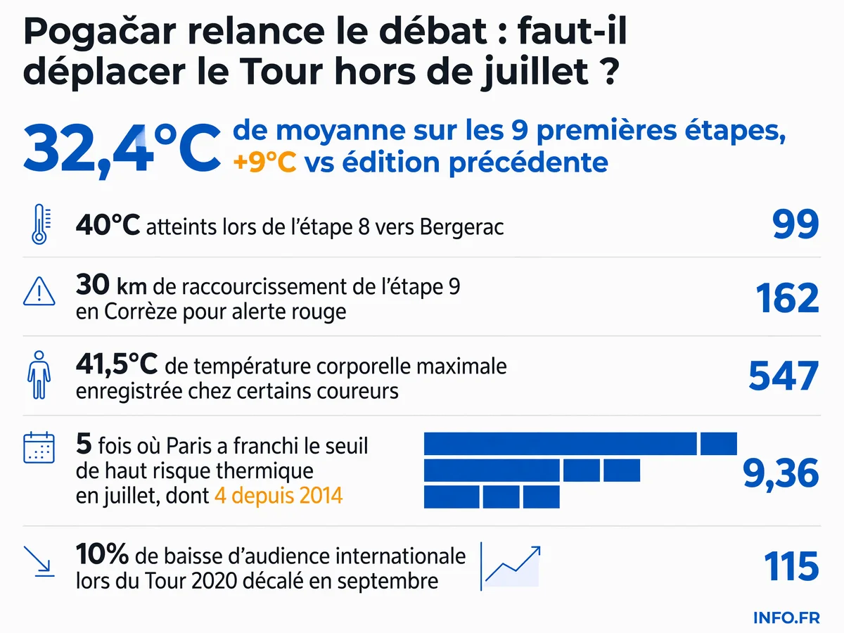Graphique montrant l'impact de la canicule sur le Tour de France 2026 avec températures extrêmes, raccourcissement d'étape et évolution du risque thermique depuis 1974