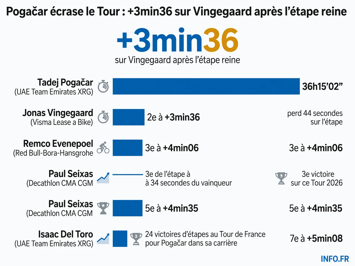 Classement général du Tour de France 2026 après la 10e étape: Pogačar creuse l'écart sur Vingegaard, Evenepoel monte sur le podium, Del Toro s'effondre