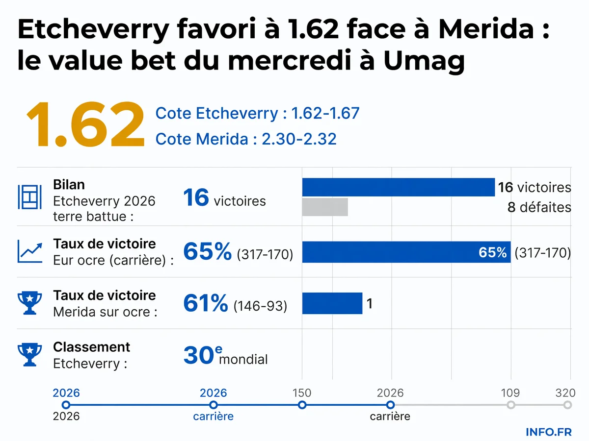 Statistiques comparées d'Etcheverry et Merida avant leur huitième de finale à l'ATP Umag 2026 avec cotes bookmakers et bilans sur terre battue