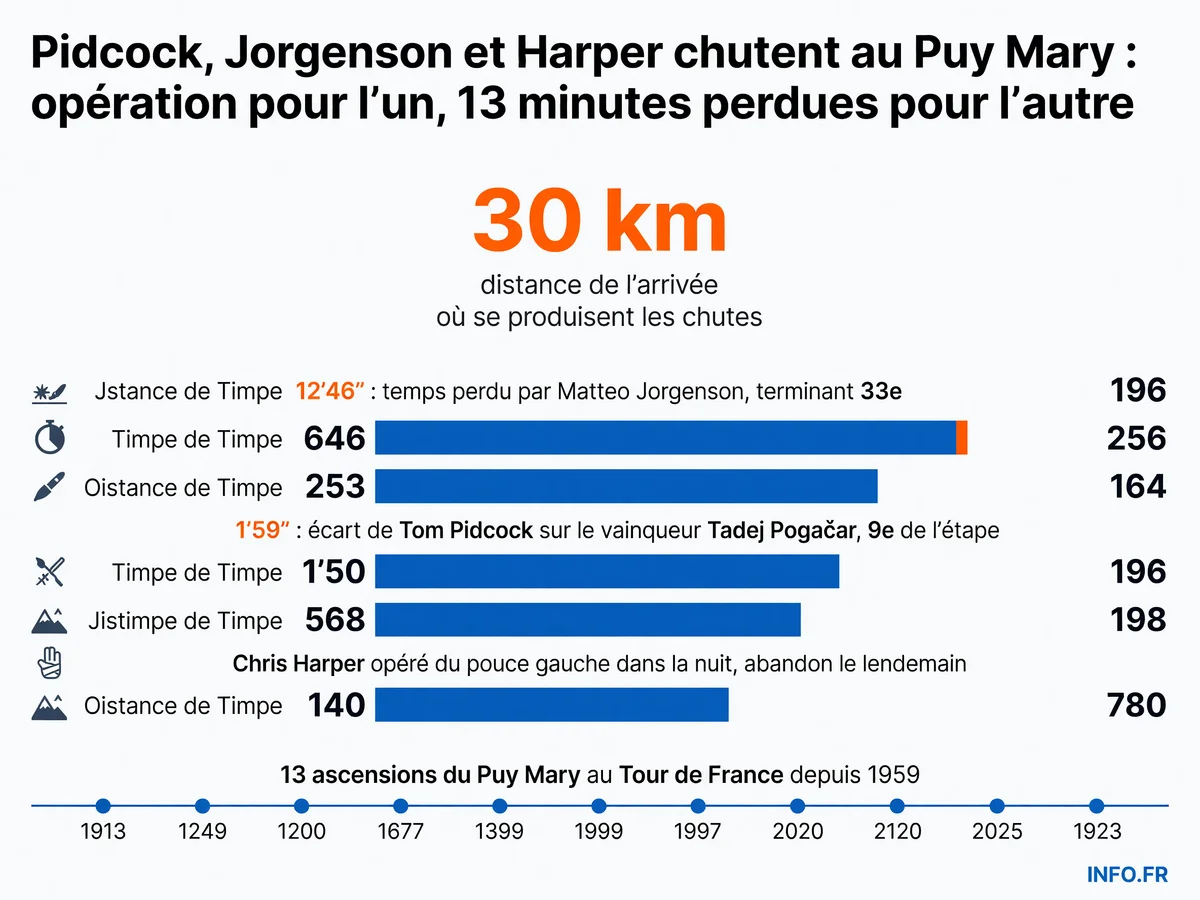 Trois coureurs du Tour de France 2026 chutent dans la descente du Puy Mary lors de l'étape 10: Chris Harper est opéré et abandonne, Matteo Jorgenson perd 13 minutes, Tom Pidcock limite les dégâts.