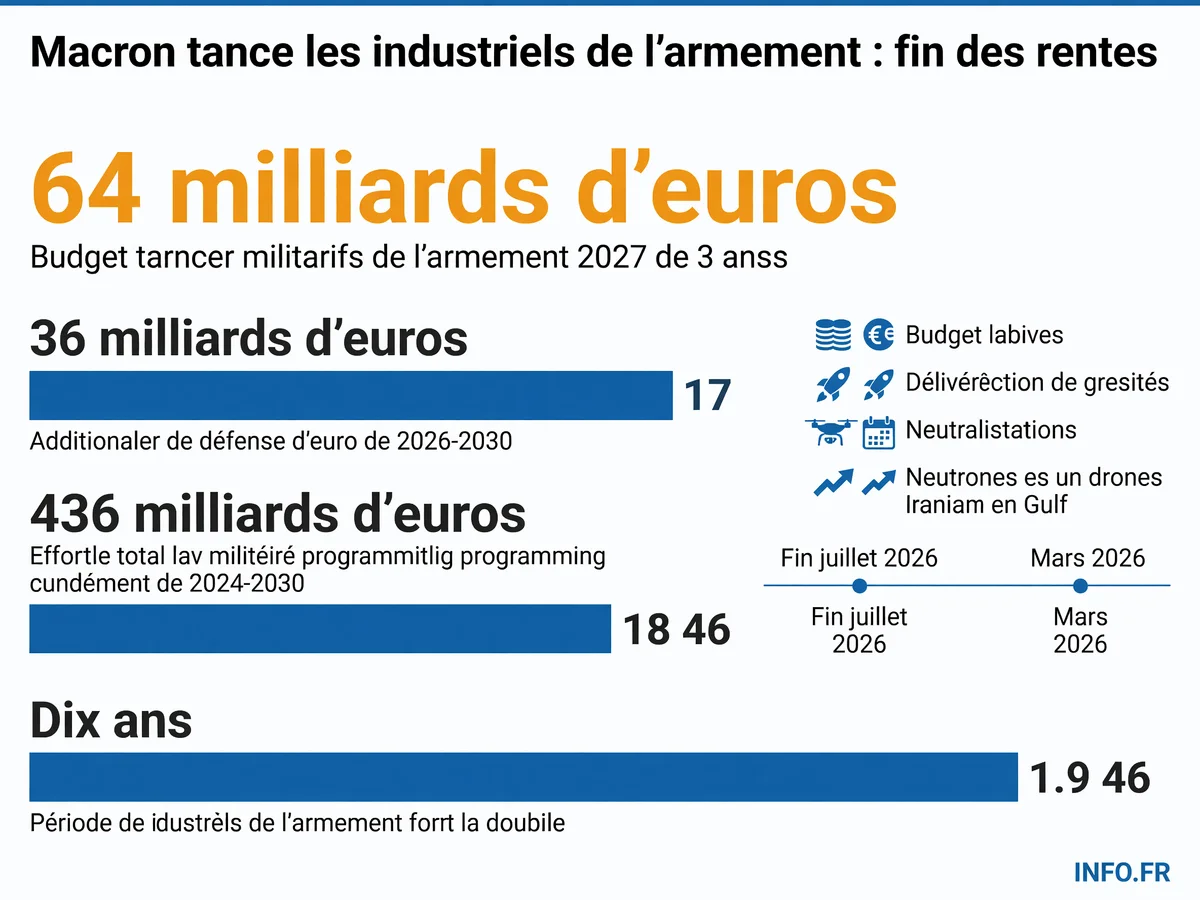 Chronologie et chiffres clés du discours d'Emmanuel Macron aux armées le 13 juillet 2026: budget défense, effort supplémentaire, et réponse aux menaces des drones iraniens.