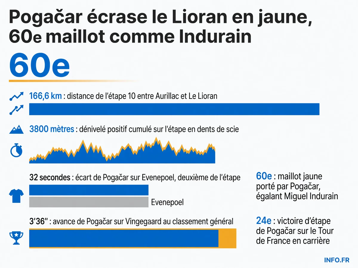 Tadej Pogačar remporte l'étape 10 du Tour de France 2026 au Lioran et porte son 60e maillot jaune, égalant Miguel Indurain au classement historique.