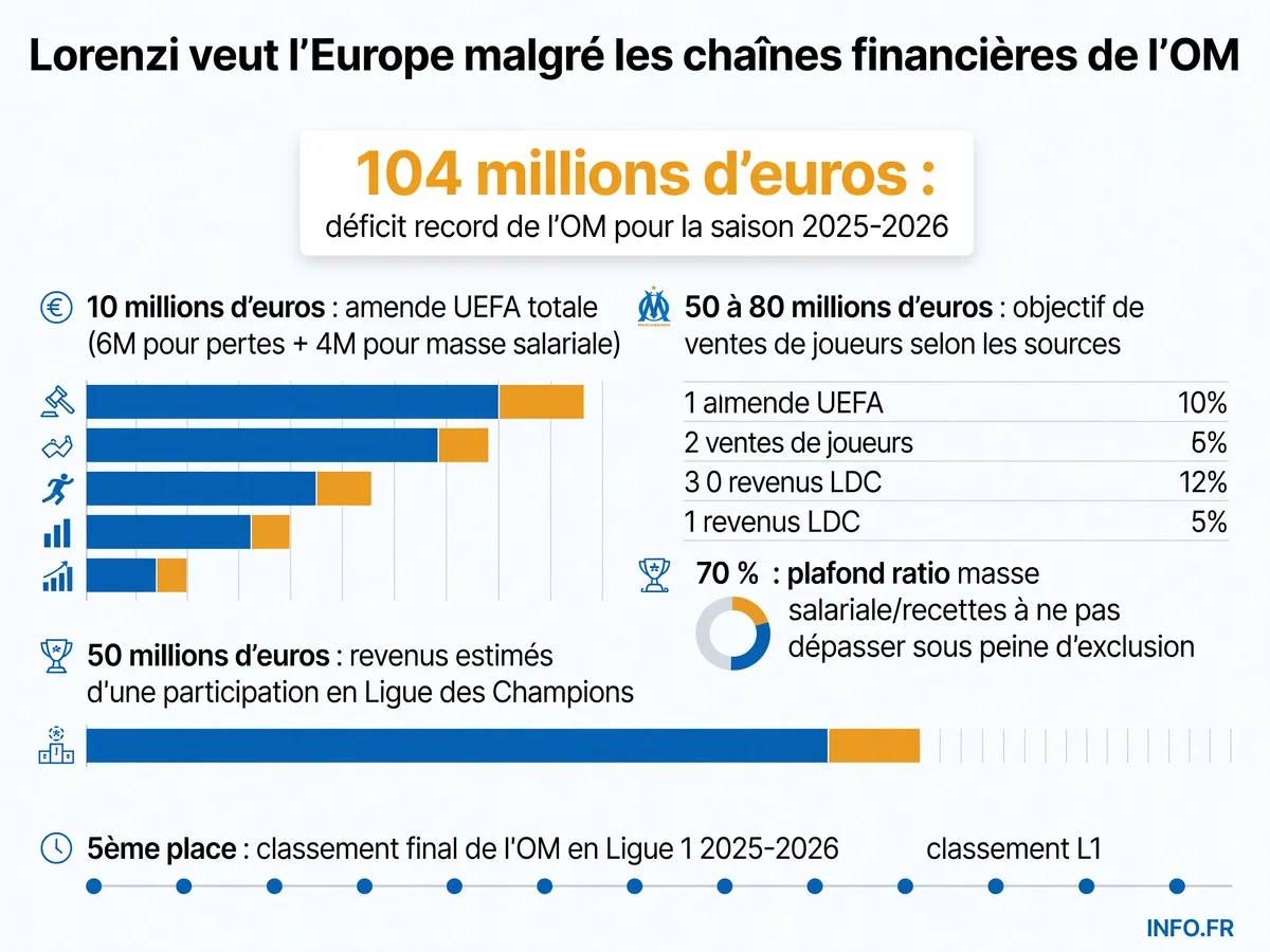 Infographie présentant les chiffres clés de la crise financière de l'OM: déficit de 104 millions, amende UEFA de 10 millions, et obligation de vendre entre 50 et 80 millions d'euros de joueurs.