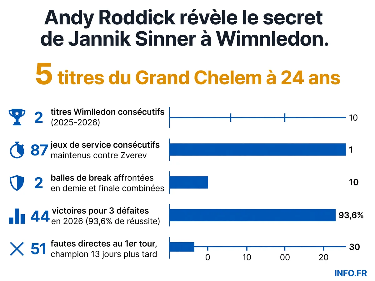 Statistiques de domination de Jannik Sinner lors de son sacre à Wimbledon 2026, incluant sa série de service record et son parcours depuis un premier tour difficile