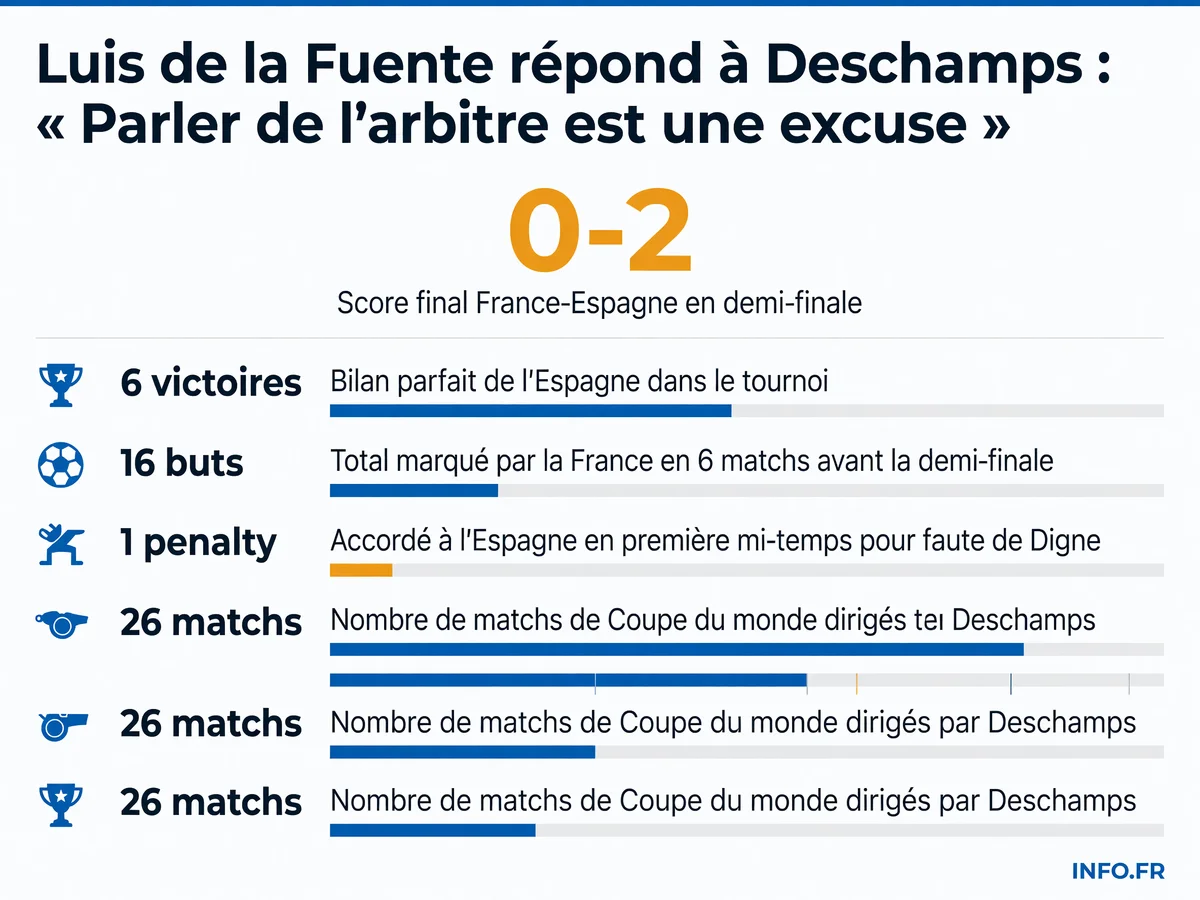 Infographie récapitulative de la demi-finale France-Espagne (0-2) et des statistiques clés du parcours espagnol en Coupe du Monde 2026.