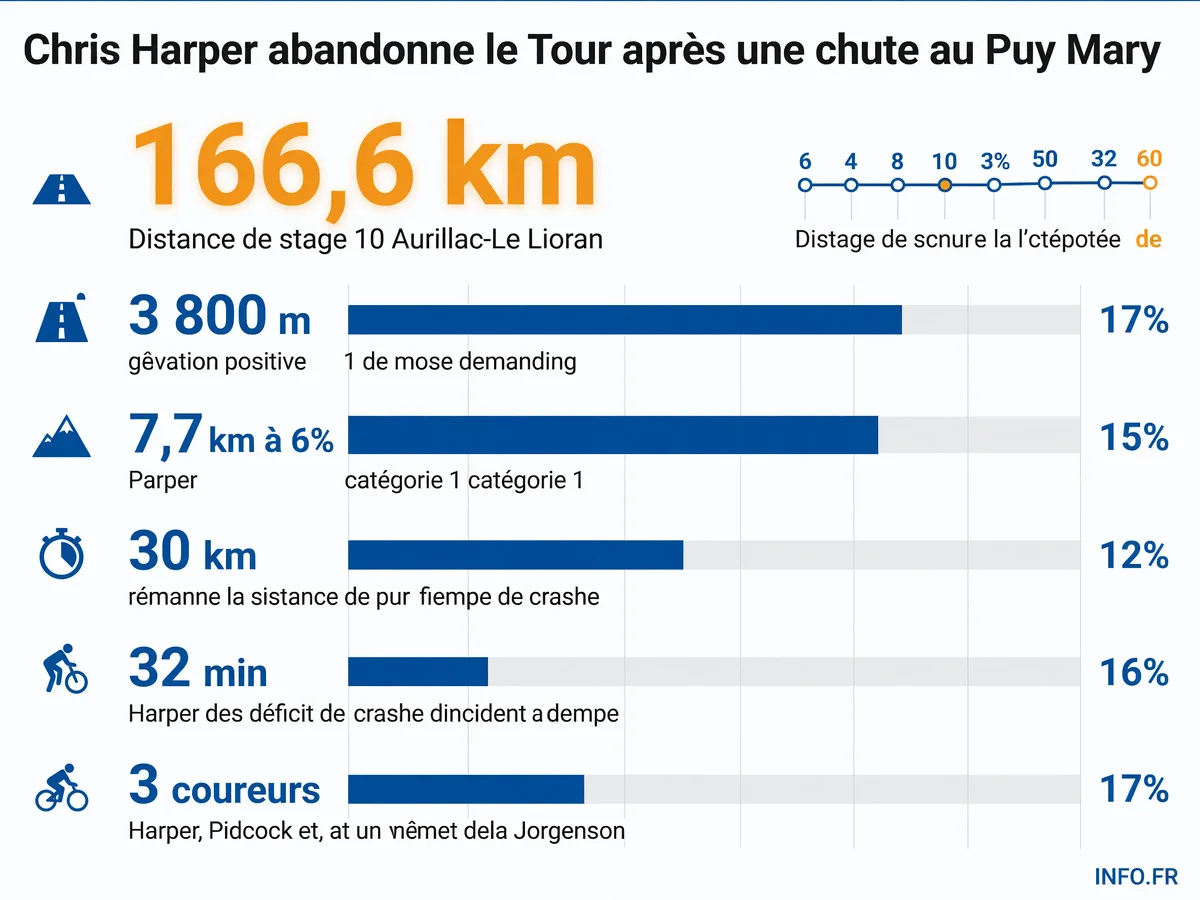 Chiffres clés de l'étape 10 du Tour de France 2026 marquée par la chute de Chris Harper dans la descente du Puy Mary