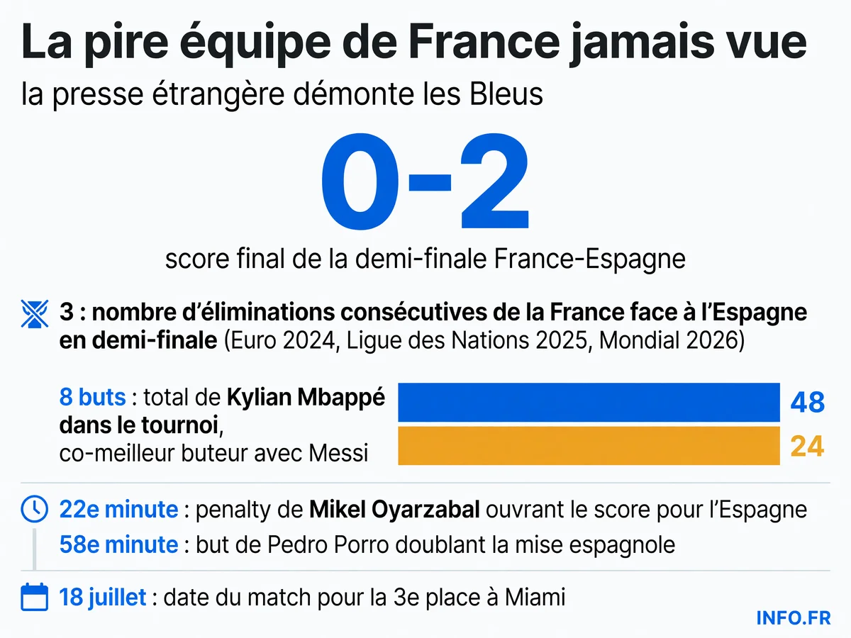 Données clés de l'élimination de la France en demi-finale de la Coupe du Monde 2026 face à l'Espagne et réactions de la presse étrangère.