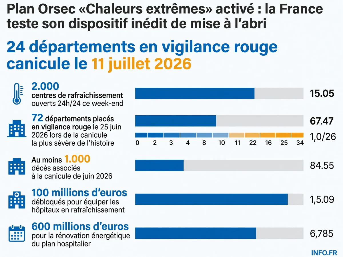 Chiffres clés de l'activation du plan Orsec « Chaleurs extrêmes » en juillet 2026 et du bilan de la canicule de juin.