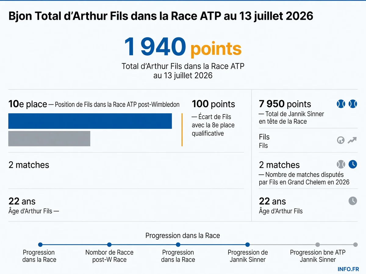 Classement de la Race ATP au 14 juillet 2026 après Wimbledon avec Arthur Fils en 10e position à 1 940 points