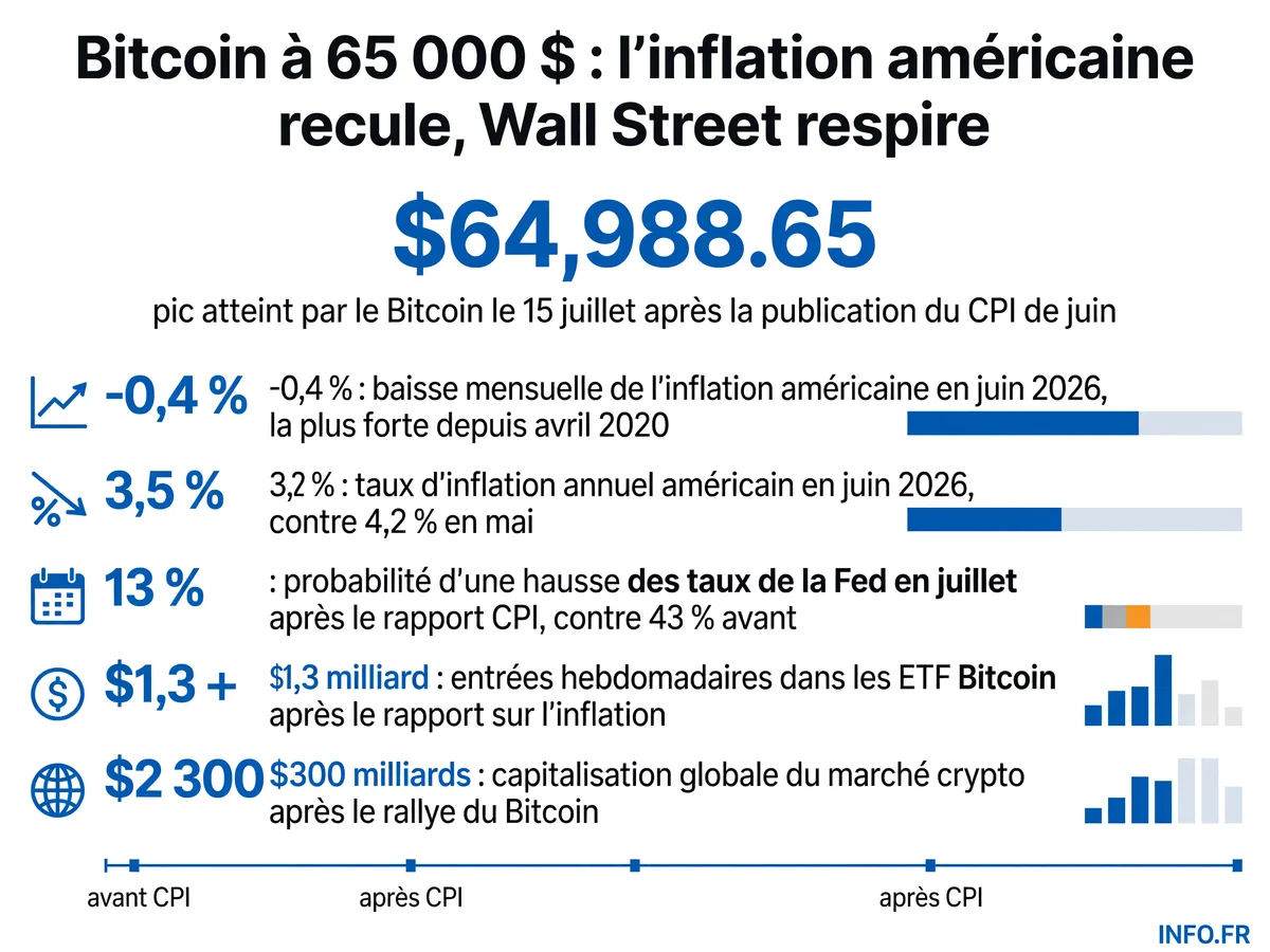 Évolution du Bitcoin et de l'inflation américaine en juillet 2026: franchissement des 65 000 dollars suite à la baisse du CPI de 0,4 % et effondrement de la probabilité de hausse des taux de la Fed.