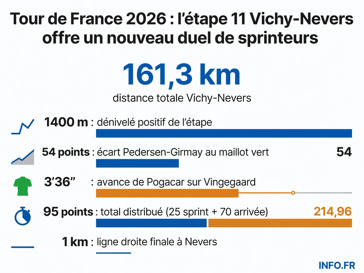 Carte et profil de l'étape 11 du Tour de France 2026 entre Vichy et Nevers, 161,3 km de parcours plat avec deux côtes de 4e catégorie et un sprint intermédiaire