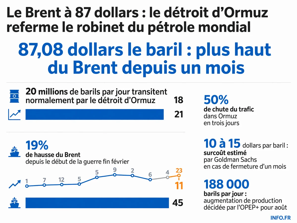 Flambée des cours du pétrole après la fermeture partielle du détroit d'Ormuz par l'Iran: le Brent atteint 87 dollars, son plus haut depuis un mois, tandis que le trafic maritime s'effondre de 50%.