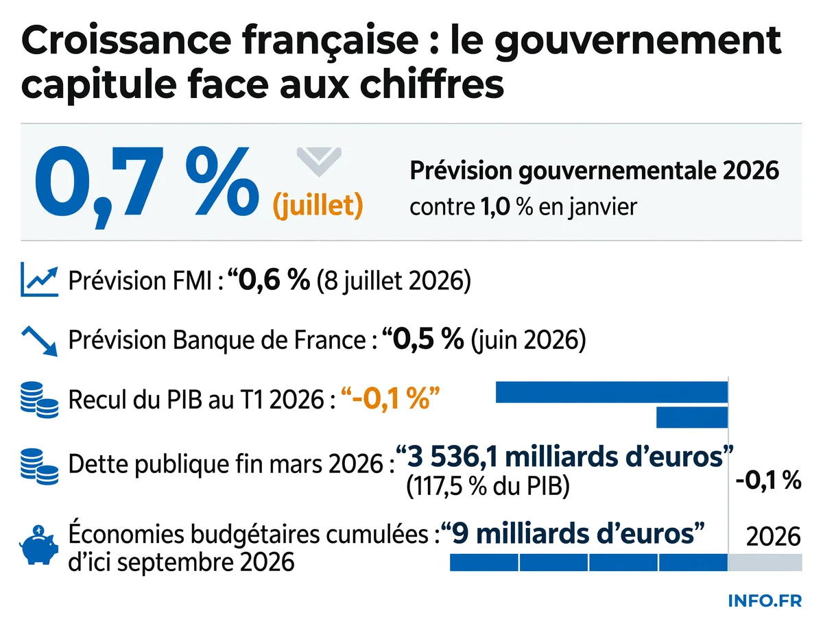 Évolution des prévisions de croissance française pour 2026 par le gouvernement, le FMI et la Banque de France, de janvier à juillet 2026.