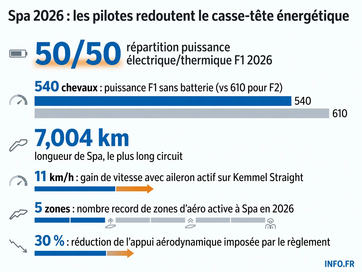 Données techniques du défi énergétique F1 au Grand Prix de Belgique 2026 à Spa-Francorchamps, montrant les contraintes de puissance et de gestion de batterie imposées par le nouveau règlement hybride.