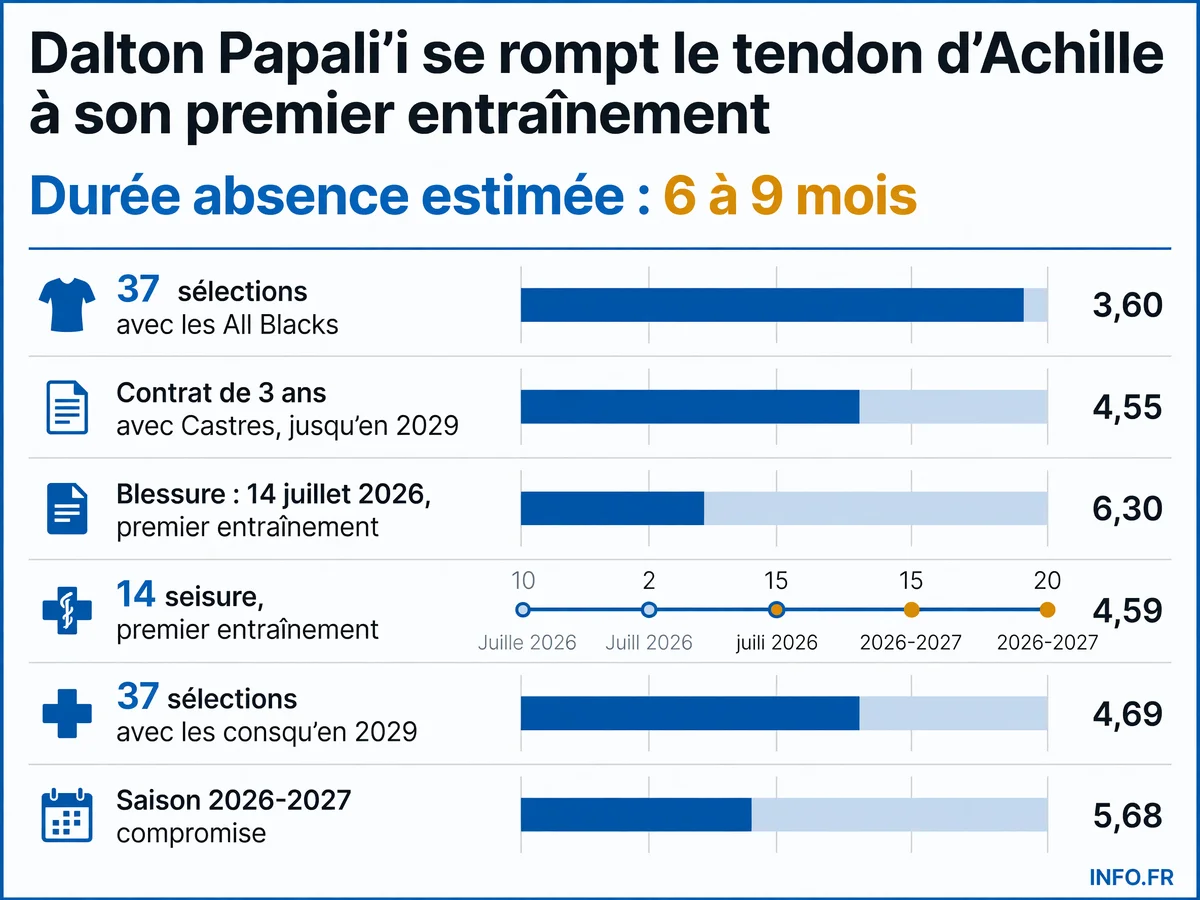 Infographie récapitulative de la blessure de Dalton Papali'i au Castres Olympique: âge, parcours, date de la blessure et durée d'indisponibilité.