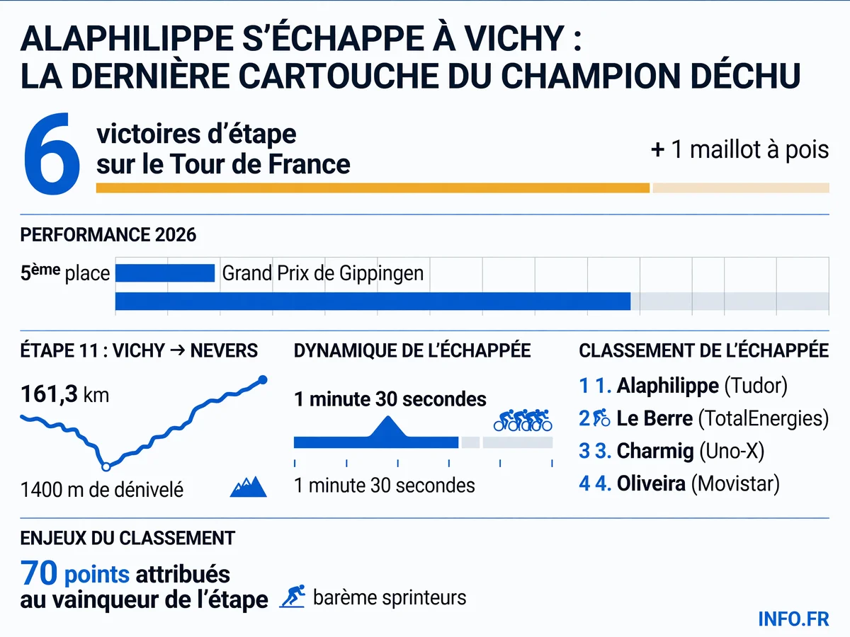 Infographie montrant les données clés de l'échappée de Julian Alaphilippe sur l'étape 11 du Tour de France 2026 entre Vichy et Nevers: composition du groupe de tête, avance sur le peloton, et palmarès du coureur français.