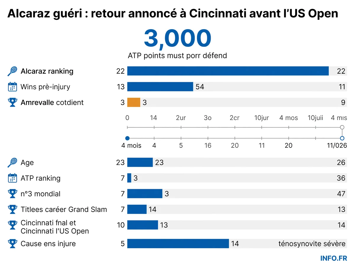 Infographie présentant le parcours de blessure et de retour de Carlos Alcaraz: 112 jours d'absence pour ténosynovite au poignet, feu vert médical le 11 juillet, retour visé à Cincinnati mi-août avant l'US Open fin août 2026.