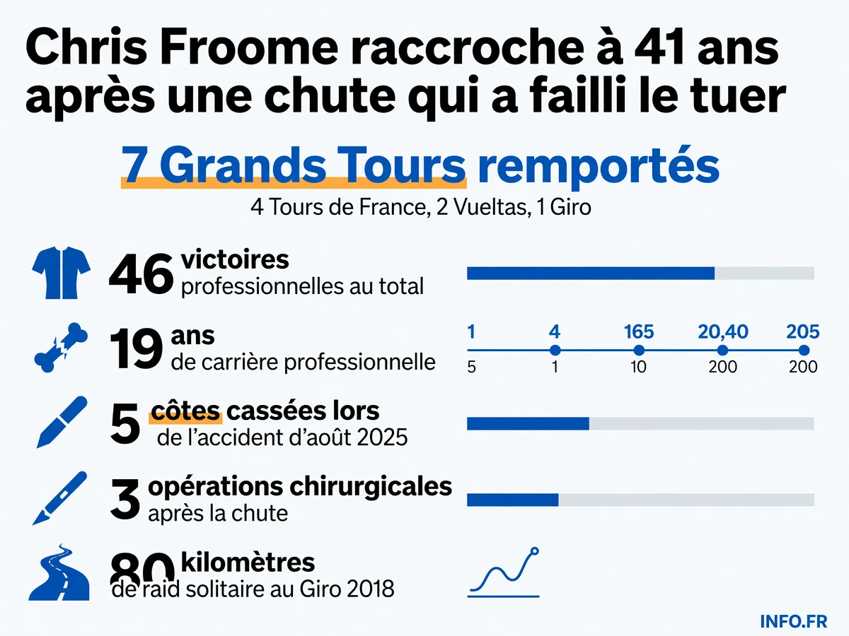 Palmarès de Chris Froome: sept Grands Tours remportés en 19 ans de carrière, stoppée par un accident grave en août 2025.
