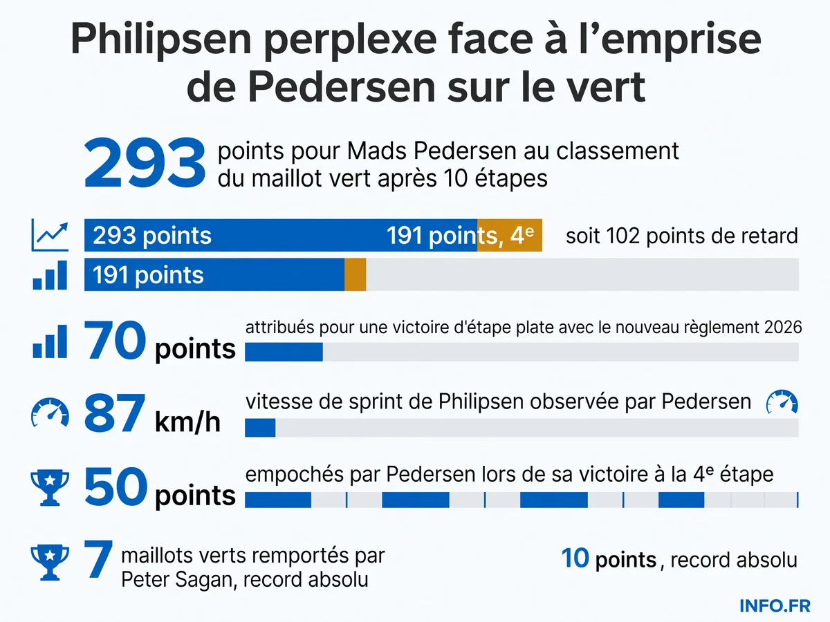 Classement du maillot vert au Tour de France 2026 après dix étapes: Mads Pedersen domine avec 293 points, Jasper Philipsen accuse 102 points de retard en 4e position.