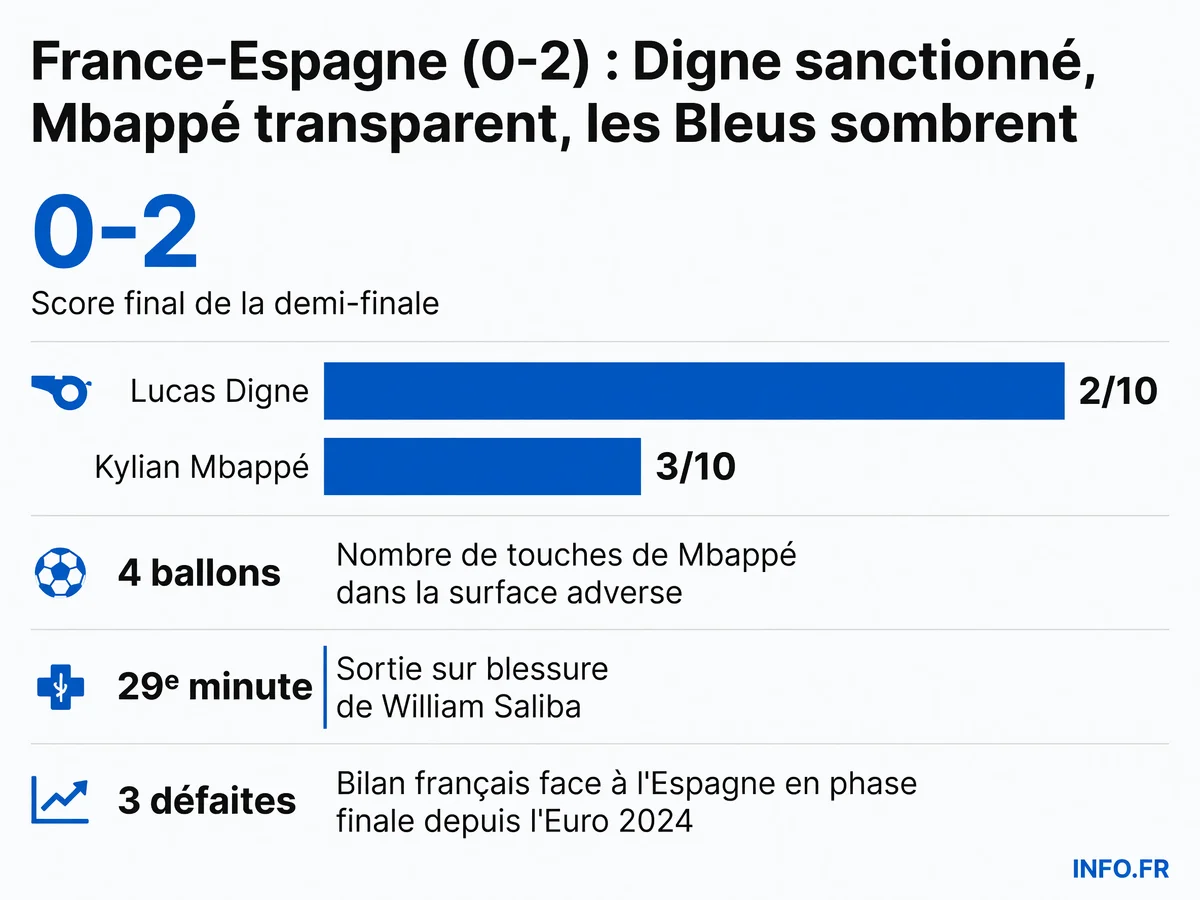 Infographie des statistiques de la défaite 0-2 de la France face à l'Espagne en demi-finale de la Coupe du Monde 2026, incluant les notes L'Équipe et le bilan des confrontations récentes.