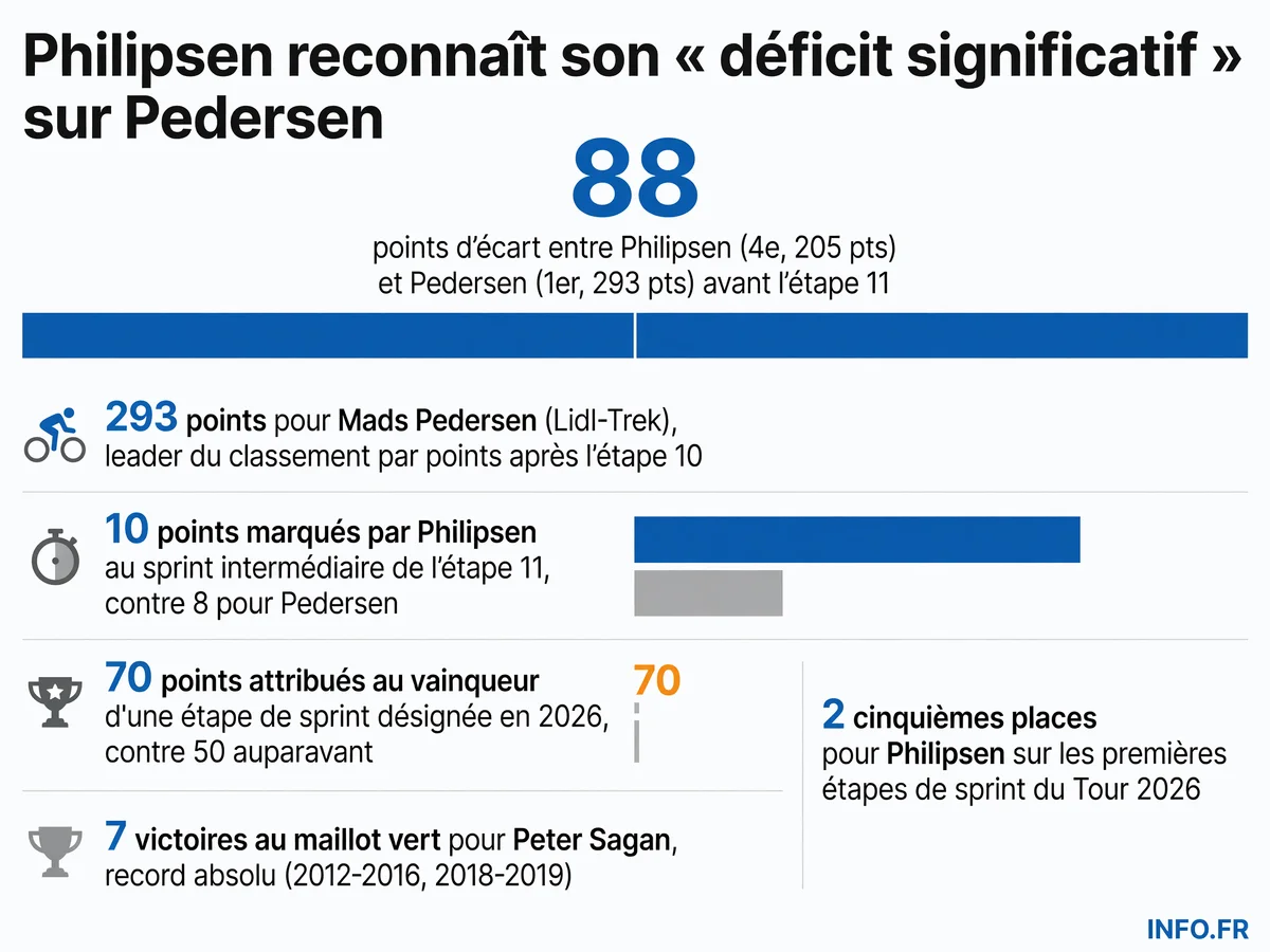 Écart de points entre Jasper Philipsen et Mads Pedersen au classement du maillot vert du Tour de France 2026 après l'étape 10, avec le nouveau barème de points pour les étapes de sprint désignées.