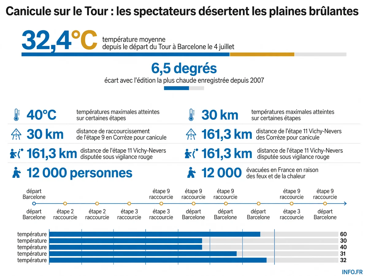 Infographie montrant l'impact de la canicule sur le Tour de France 2026 avec les températures records, les mesures exceptionnelles et la baisse de fréquentation du public