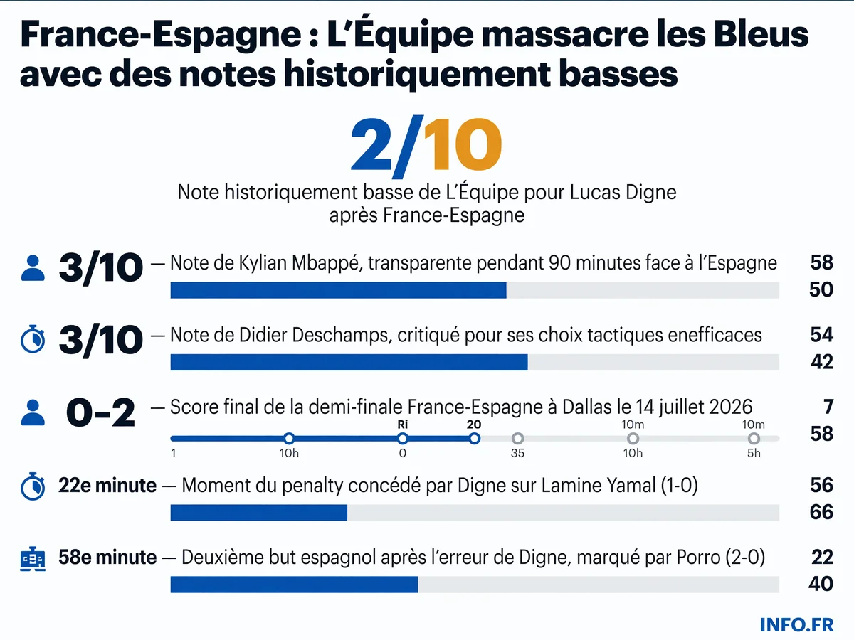 Les notes catastrophiques de L'Équipe après l'élimination des Bleus par l'Espagne en demi-finale du Mondial 2026: Digne 2/10, Mbappé et Deschamps 3/10.
