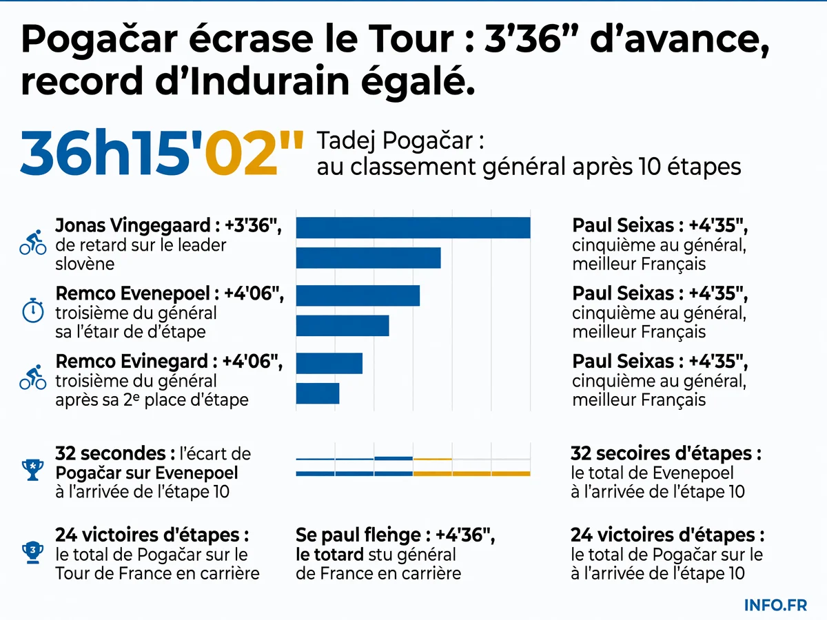 Classement général du Tour de France 2026 après l'étape 10 remportée par Tadej Pogačar au Lioran
