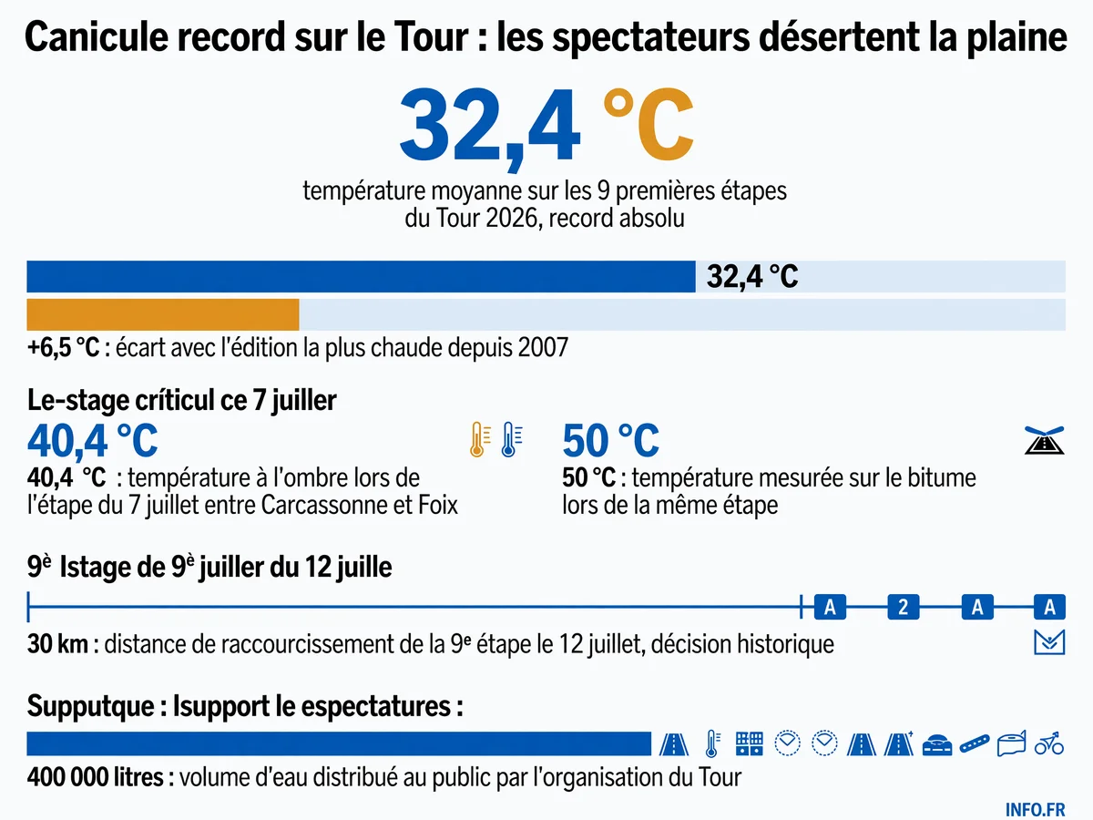 Infographie montrant les températures records du Tour de France 2026 et les mesures exceptionnelles prises face à la canicule.