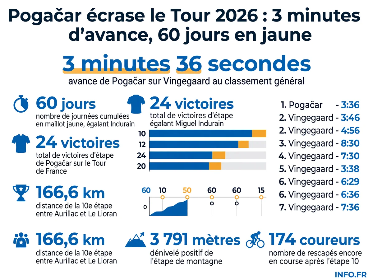 Domination de Tadej Pogačar au Tour de France 2026 après la 10e étape: 3'36" d'avance, 60 jours en jaune et 24 victoires d'étape en carrière