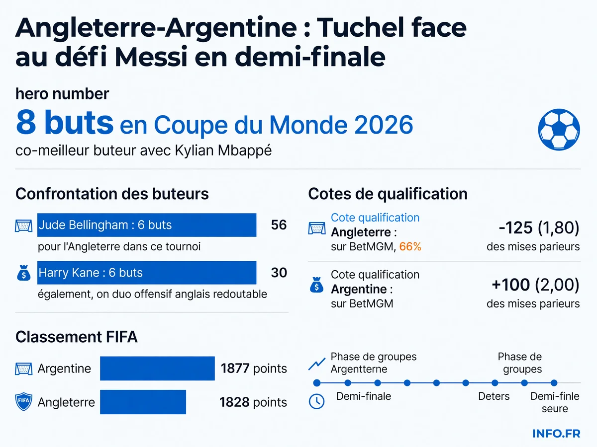 Infographie comparant les statistiques clés d'Angleterre-Argentine en demi-finale de la Coupe du Monde 2026: buteurs, cotes de paris et classement FIFA.