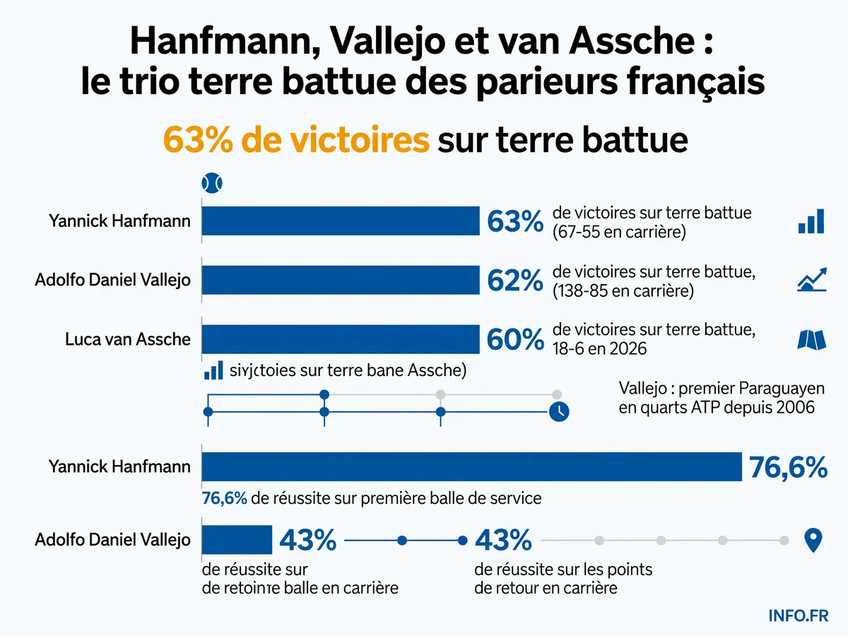 Statistiques comparatives des trois joueurs Hanfmann, Vallejo et van Assche sur terre battue lors des tournois ATP de Gstaad, Bastad et Umag en juillet 2026.