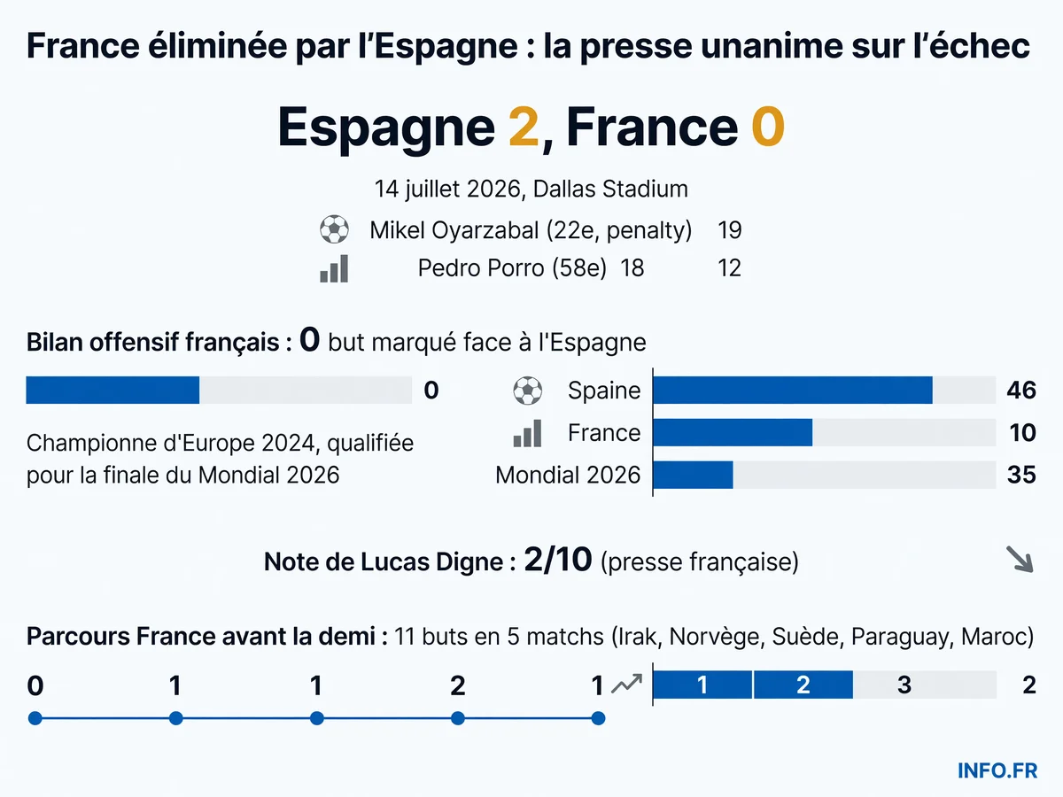 Infographie du match France-Espagne en demi-finale de la Coupe du Monde 2026: score 2-0, buteurs espagnols Oyarzabal et Porro, note catastrophique de Lucas Digne et bilan collectif des Bleus