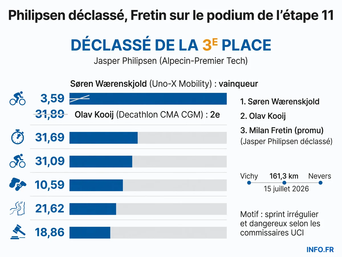 Déclassement de Jasper Philipsen sur l'étape 11 du Tour de France 2026 et promotion de Milan Fretin au podium