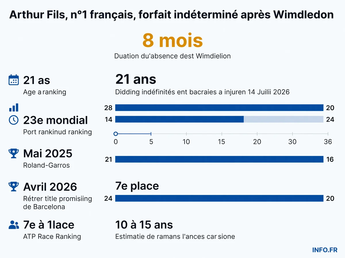 Chronologie des blessures récurrentes d'Arthur Fils depuis mai 2025: fracture de fatigue, forfaits, retours et rechutes. Plus de 260 jours cumulés hors circuit.
