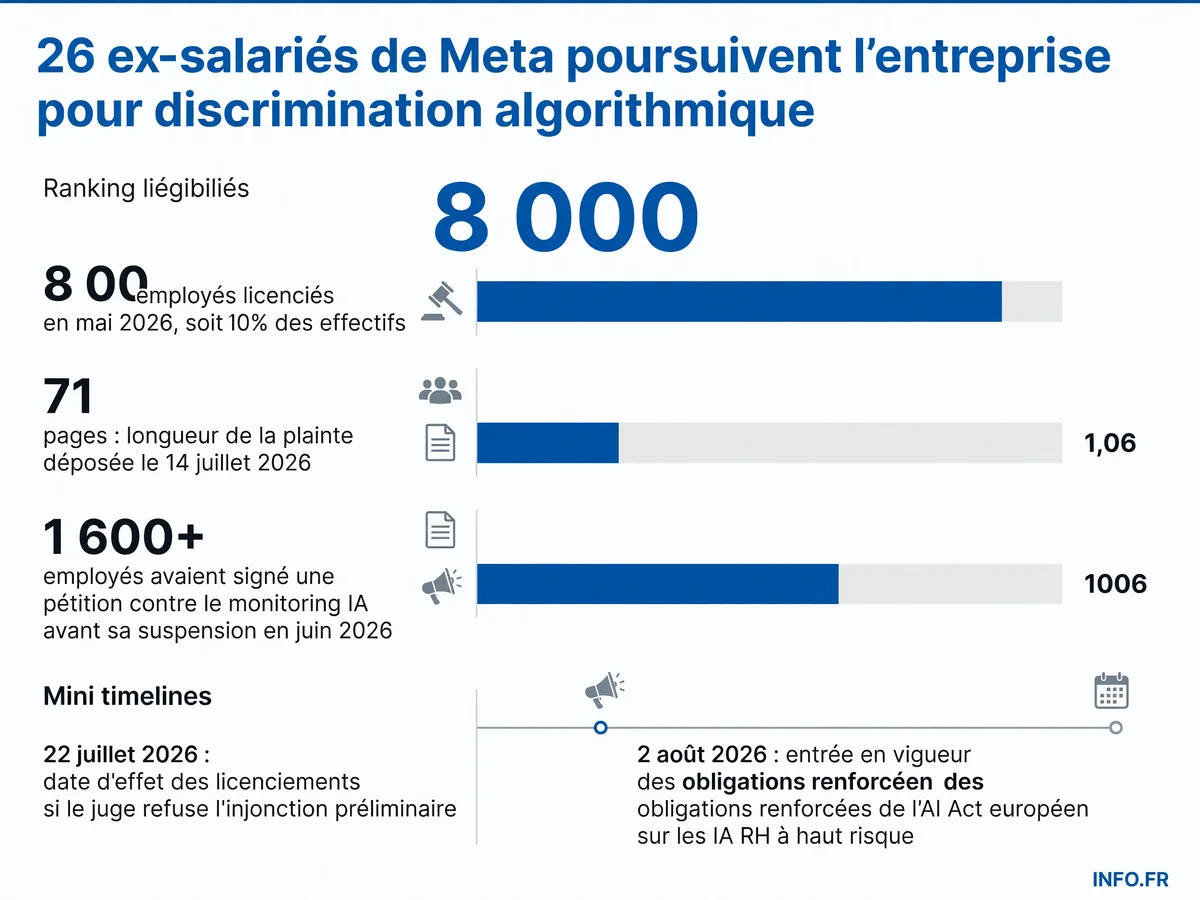 Chronologie et chiffres-clés de la plainte collective contre Meta pour discrimination algorithmique dans les licenciements de mai 2026.