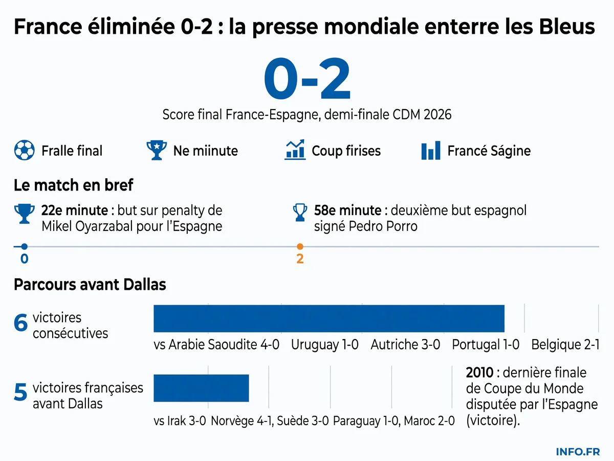 Infographie présentant le score 0-2 de la demi-finale France-Espagne du 14 juillet 2026, les buteurs espagnols Oyarzabal et Porro, et les parcours des deux équipes en Coupe du Monde 2026.