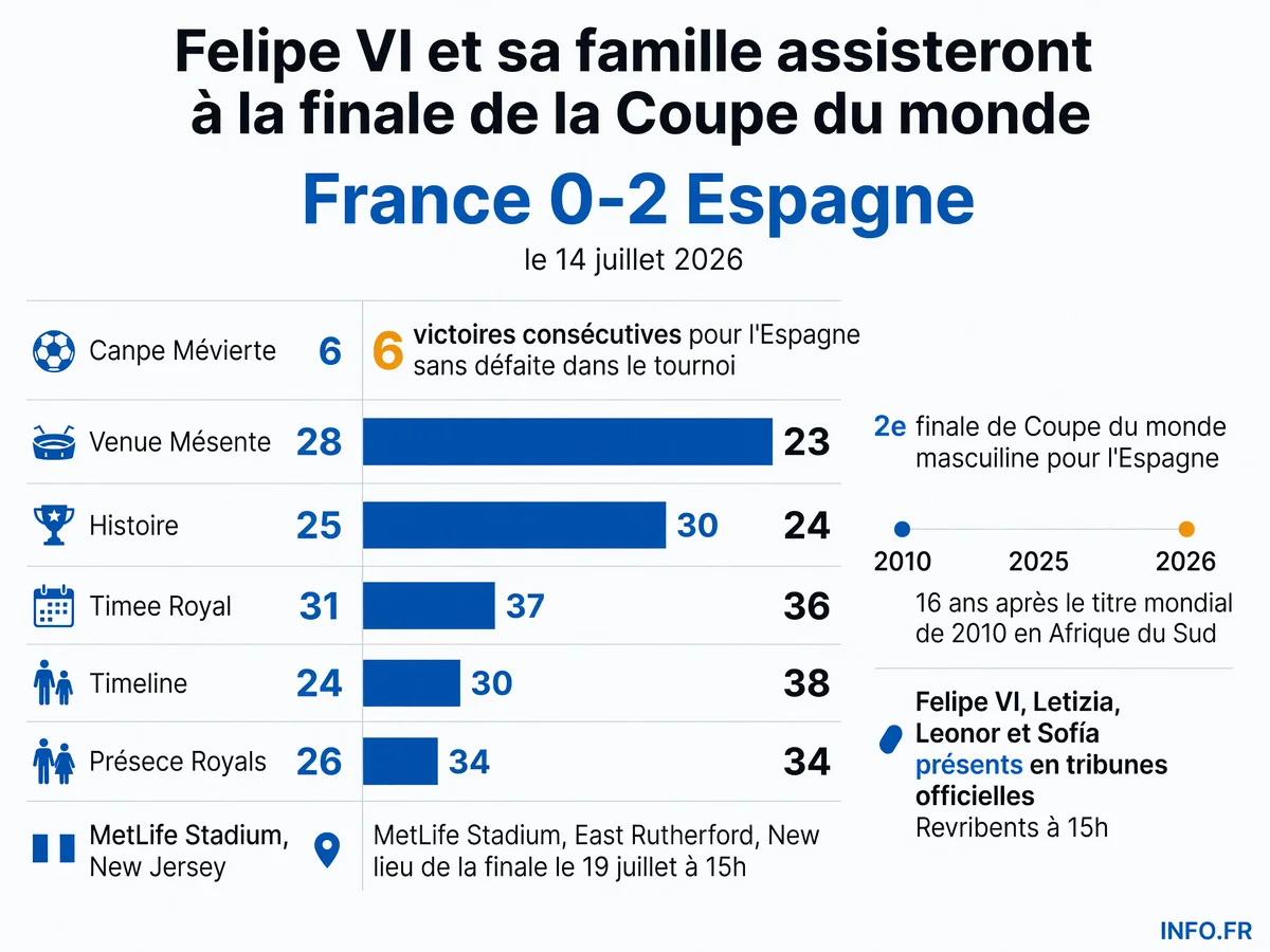 Données clés de la finale de la Coupe du monde 2026 avec la présence confirmée de la famille royale espagnole au MetLife Stadium d'East Rutherford le 19 juillet.